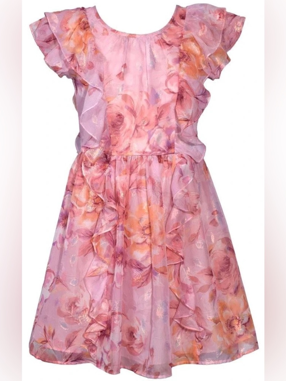 NWT Bonnie Jean Girls Pink Floral Chiffon Dress Size 6x Flutter Sleeve Ruffles